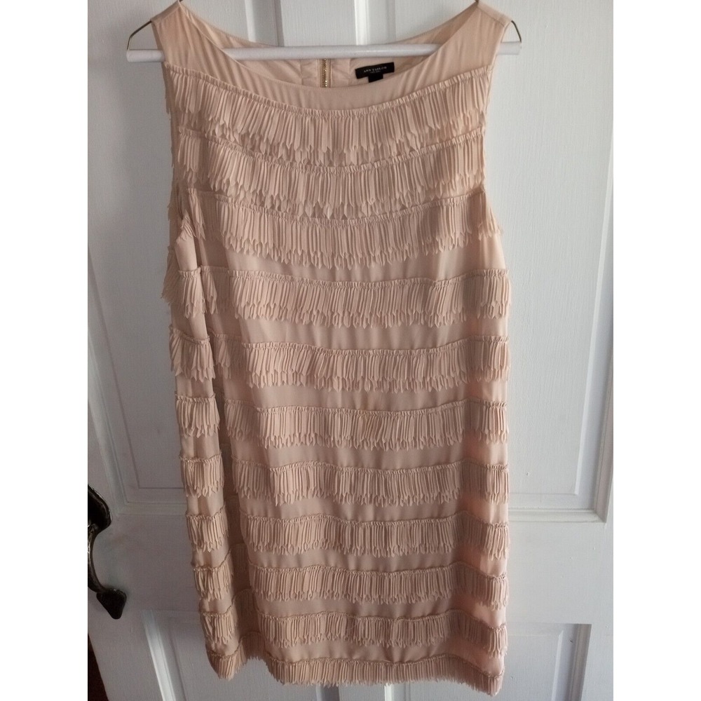Ann Taylor Sleeveless  Straight Beige Solid Fringe Dress Party Size 10 Tan Lined